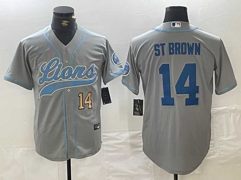 Men%27s Detroit Lions #14 Amon-Ra St. Brown Number Gray Cool Base Stitched Baseball Jerseys->detroit lions->NFL Jersey